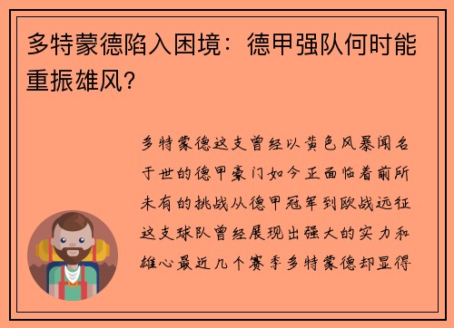 多特蒙德陷入困境：德甲强队何时能重振雄风？
